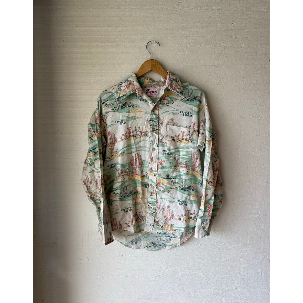 1970s Rappers Rabbit All Over Print Dagger Collar Button Up Shirt Size Large USA